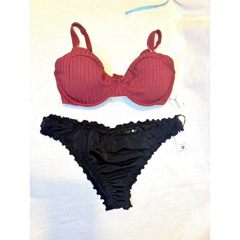 Shade & Shore Unlined Ribbed Top  & Ruffle Cheeky Bikini bottom New